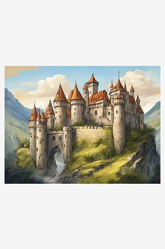 手绘城堡插画AI数字艺术