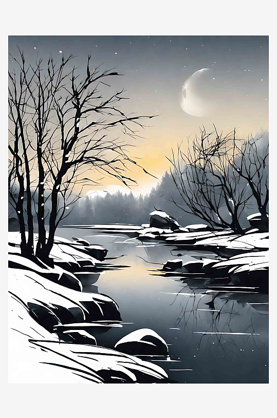 黑白扁平雪景插画AI数字艺术