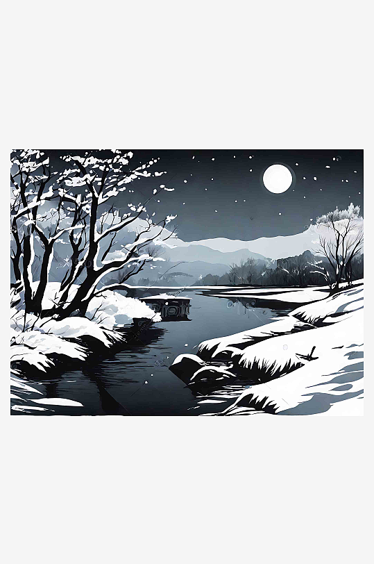 黑白扁平雪景插画AI数字艺术