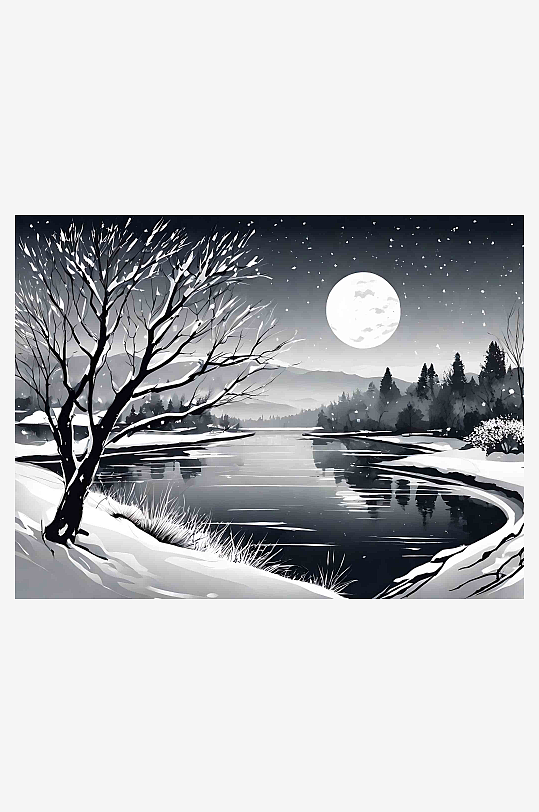 黑白扁平雪景插画AI数字艺术