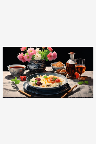 餐桌上的美食插画AI数字艺术