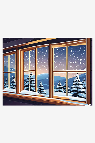 窗台冬天风景阳台窗户雪景插画