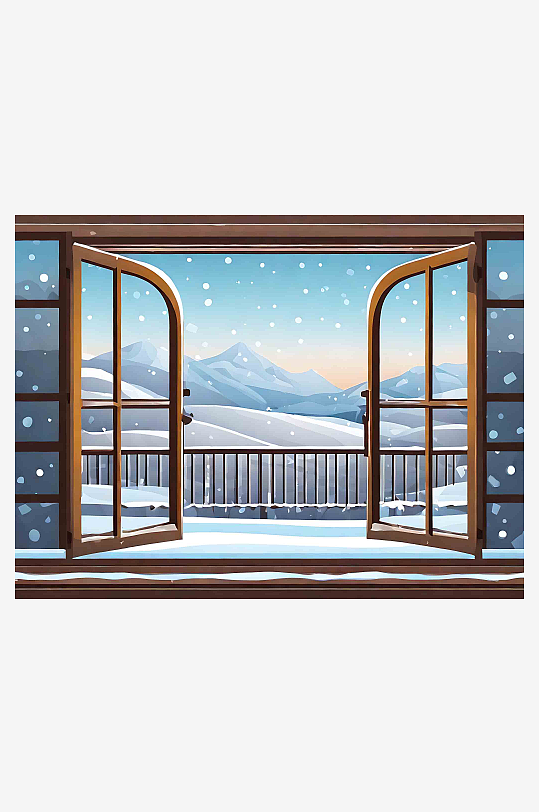窗台冬天风景阳台窗户雪景插画
