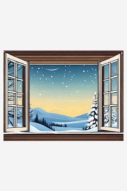 冬季阳台窗外雪景插画