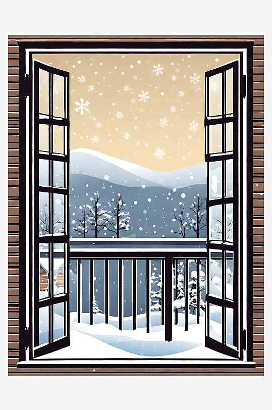 数字艺术冬季雪景阳台窗外风景插画