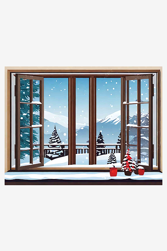 数字艺术冬季雪景阳台窗外风景插画