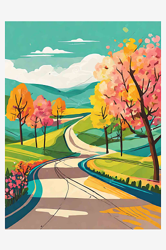 春季生机盎然的乡镇道路插画