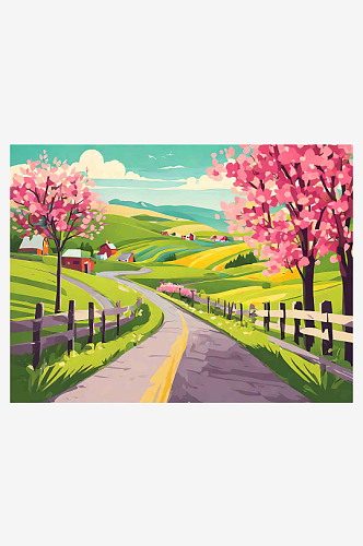 春季生机盎然的乡镇道路插画