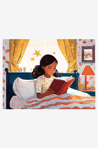 创意坐在床上看书的女孩插画
