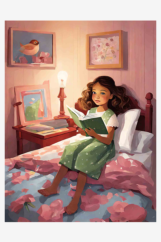 创意坐在床上看书的女孩插画