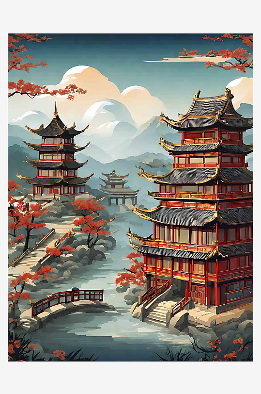 创意中国古代中式建筑插画