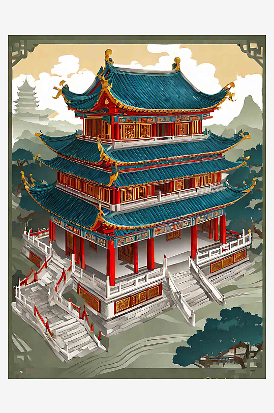 创意中国古代中式建筑插画