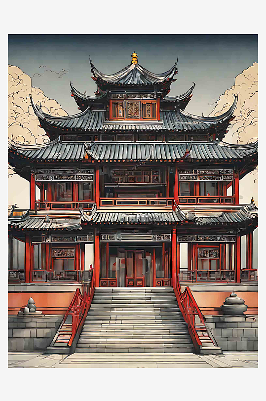 创意中国古代中式建筑插画