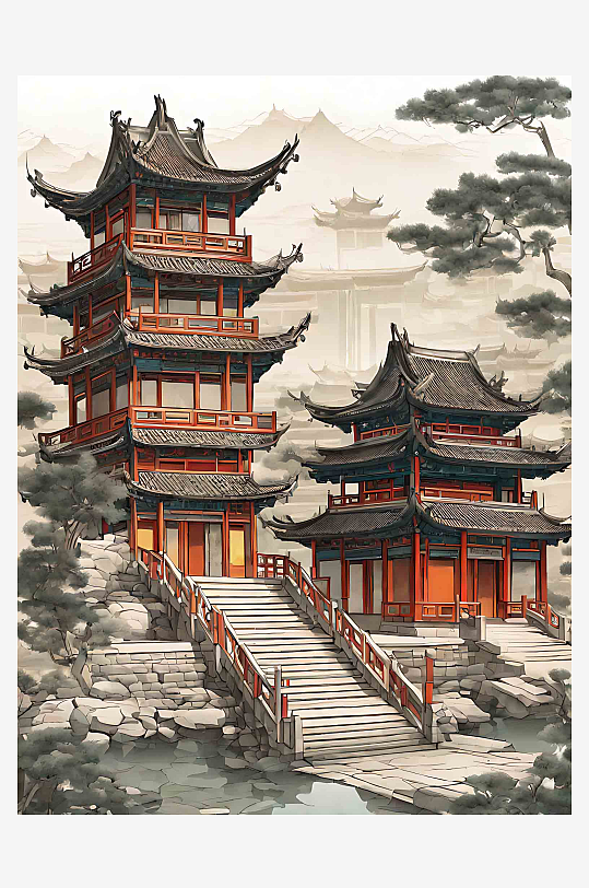 创意中国古代中式建筑插画