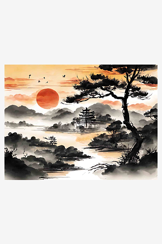 中国风夕阳水墨山水风景插画