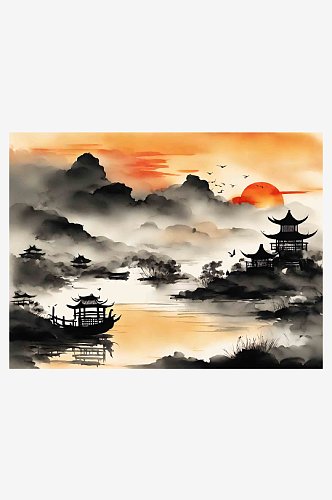 中国风夕阳水墨山水风景插画