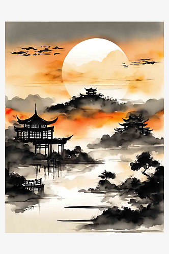 中国风夕阳水墨山水风景插画