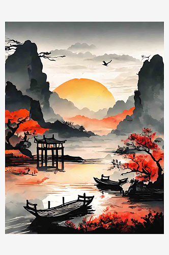 中国风夕阳水墨山水风景插画