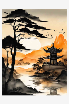 中国风夕阳水墨山水风景插画