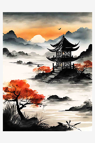 中国风夕阳水墨山水风景插画