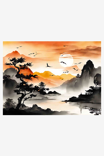 中国风夕阳水墨山水风景插画