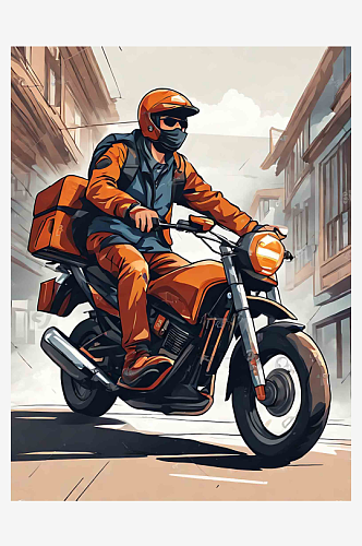 一个骑着摩托车送货的快递员插画