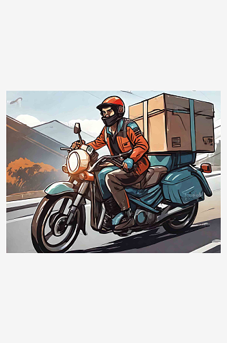 一个骑着摩托车送货的快递员插画