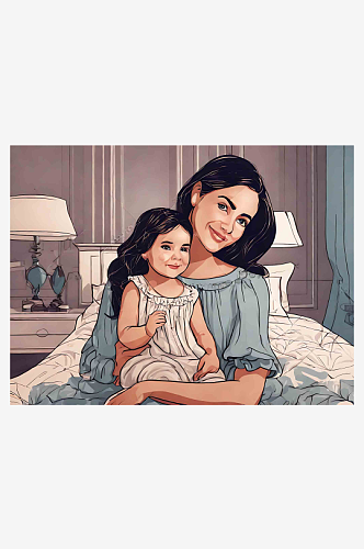 创意妈妈抱着女儿坐在床上插画