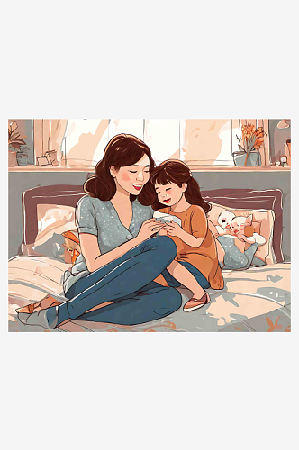 创意妈妈抱着女儿坐在床上插画