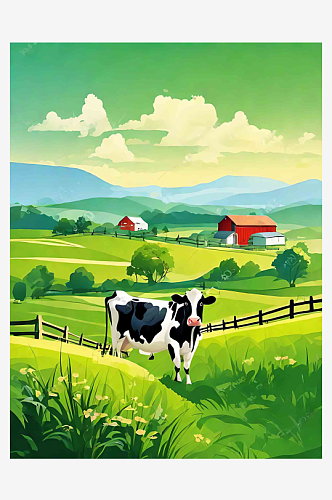 绿色唯美乡村田园奶牛牧场风景插画