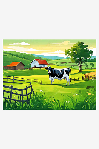绿色唯美乡村田园奶牛牧场风景插画
