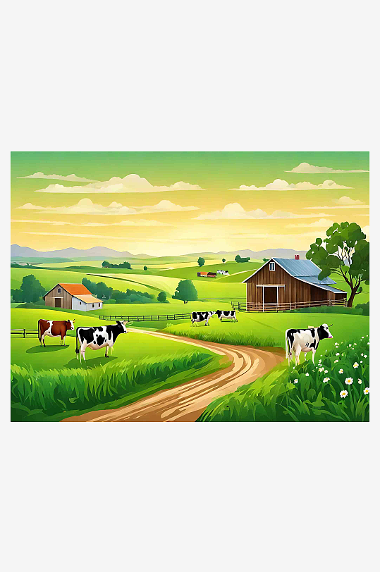 绿色唯美乡村田园奶牛牧场风景插画
