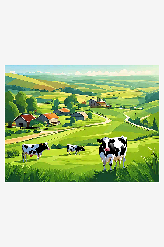 绿色唯美乡村田园奶牛牧场风景插画