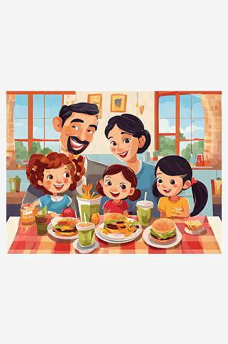 聚在一起快乐吃饭的家人们插画