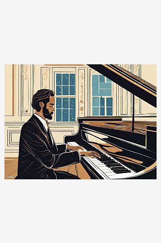 创意弹钢琴的男人插画
