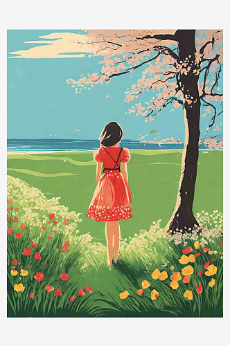 春天站在草地面朝大海女孩背影插画