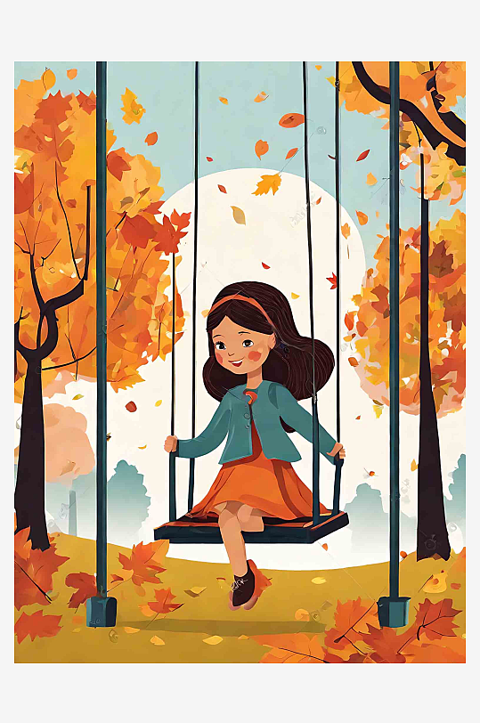 秋天在公园荡秋千的女孩插画