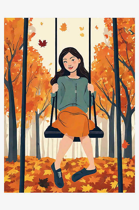 秋天在公园荡秋千的女孩插画