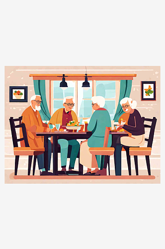 绘画老年人聚会聚餐插画
