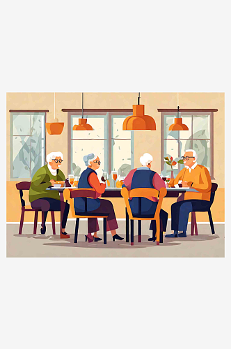 绘画老年人聚会聚餐插画