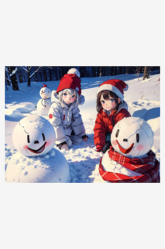 动漫风堆雪人的小孩图片