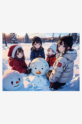 动漫风堆雪人的小孩图片