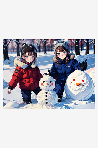 动漫风堆雪人的小孩图片