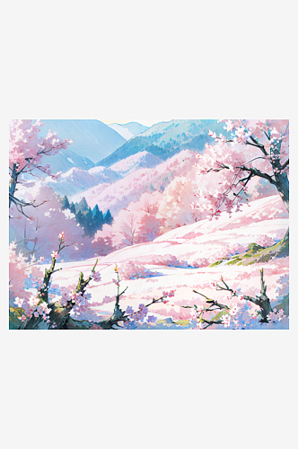 粉色春天唯美山水花树自然风景插画