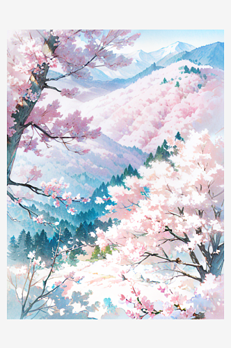 粉色春天唯美山水花树自然风景插画