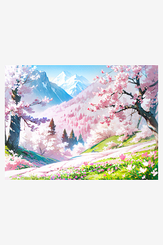 粉色春天唯美山水花树自然风景插画
