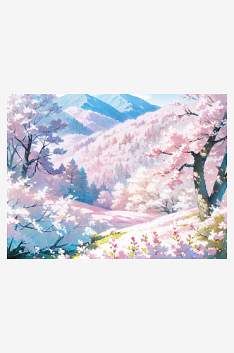 粉色春天唯美山水花树自然风景插画