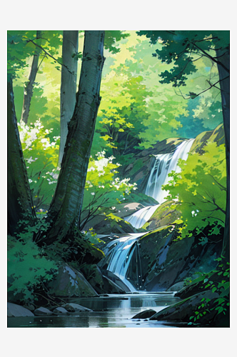 绿色大树春天流水自然风景插画