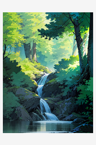 绿色大树春天流水自然风景插画