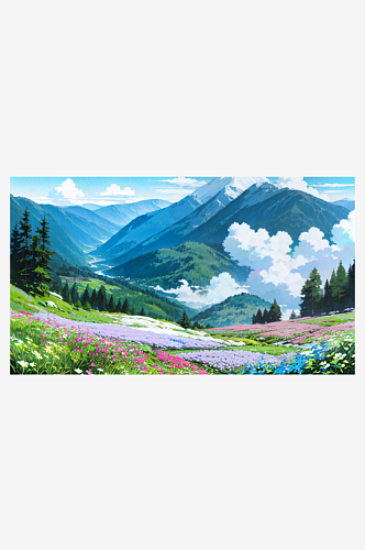 蓝色春天白云山水花树自然风景插画